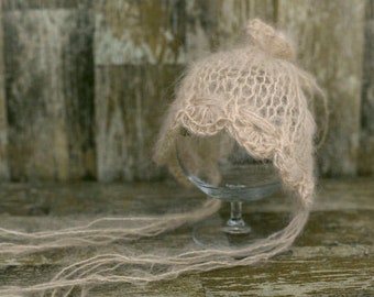 Mohair Newborn Hat, Cappuccino Knit Bonnet, Newborn Photo prop