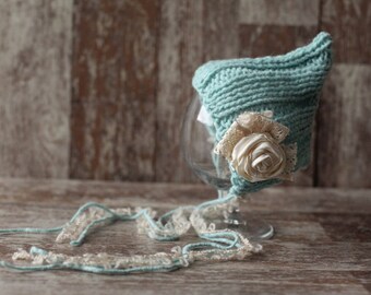 Newborn Baby Girl Hat,  Wool Baby Girl Bonnet, Vintage Knitted Hat, Knit , Flower Hat, Photo prop,Beanie, Rustic, Shabby bonnet,