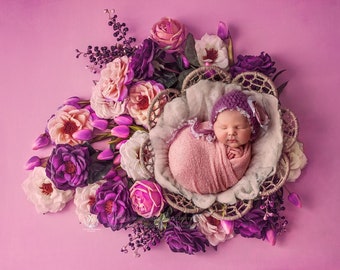 Purple Violet Mohair Newborn Hat, Baby Girl Bonnet, Photo Prop Vintage Crochet Hat