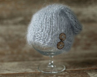 Newborn mohair Hat,Baby knitted hat, Gray Baby Boy  Hat, Knit baby hat, Photo prop, Photography Hat, Hat with button