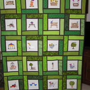 Set of 20 Garden theme designs for you to embroider, bonus instructions to make the quilt photographed, and includes a quilt label