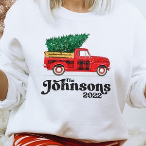 Custom Family Name Christmas Sweatshirts, Buffalo Plaid Christmas Truck, Personalized Matching Family Photo, Christmas Sweathirt, Crewneck