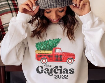 Personalized Last Name Christmas Sweatshirt, Cute Matching Family Photo Top, Buffalo Plaid Farmhouse Truck, Christmas Shirt, Unisex Crewneck