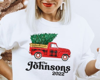 Custom Last Name Christmas Sweatshirt, Buffalo Plaid Farmhouse Truck, 2022 Matching Family Photo Top, Christmas Shirt, Family Name, Unisex