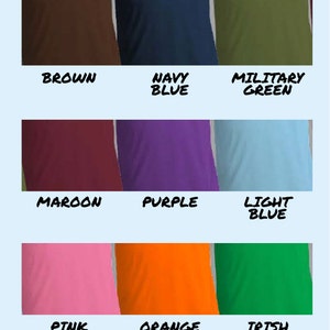 May include: A chart showing 12 different colors of t-shirts. The colors are white, sport grey, black, brown, navy blue, military green, maroon, purple, light blue, pink, orange, irish green, red, royal blue, and yellow.
