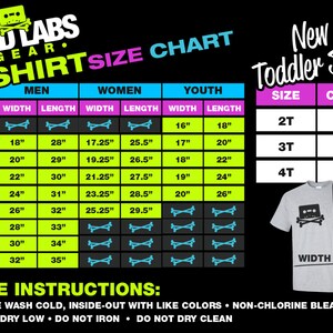 May include: A size chart for t-shirts with measurements in inches for men, women, youth, and toddler sizes. The chart includes width, length, and chest measurements. The chart is on a green and black background with the text "Mad Labs Gear T-Shirt Size Chart" at the top.