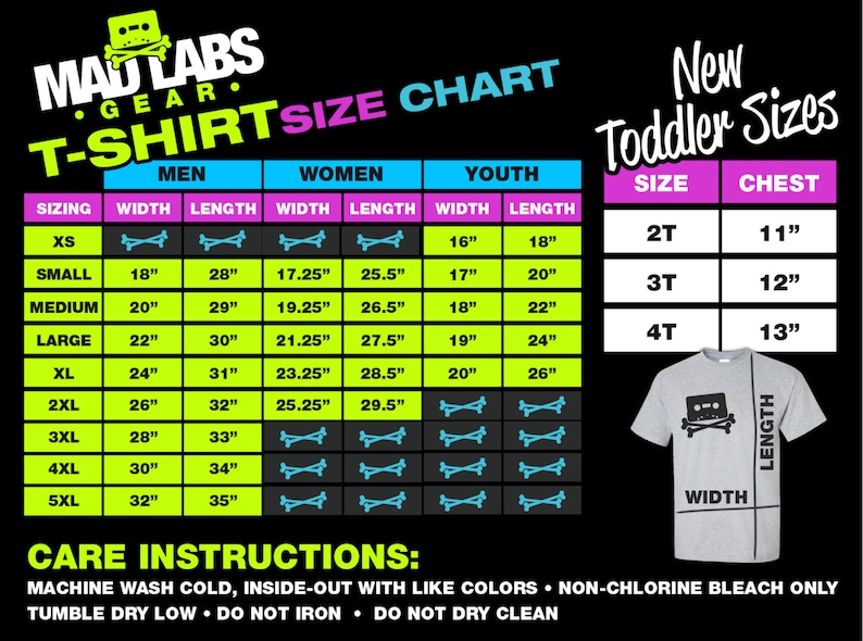 May include: A size chart for t-shirts with measurements in inches for men, women, youth, and toddler sizes. The chart includes width, length, and chest measurements. The chart is on a green and black background with the text "Mad Labs Gear T-Shirt Size Chart" at the top.