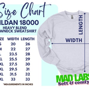 the size chart for the gilan 18000 crewneck sweatshirt