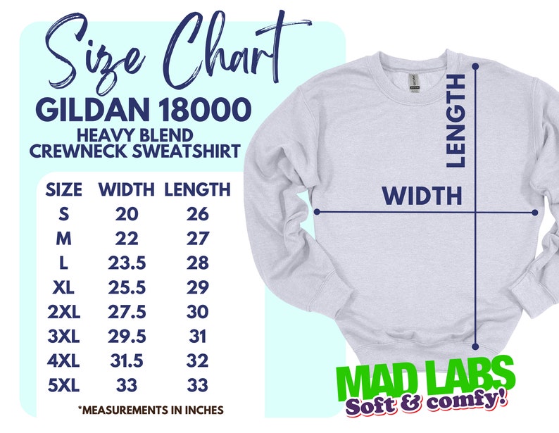 the size chart for the gilan 18000 crewneck sweatshirt