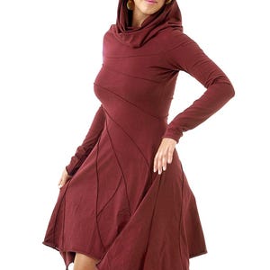 Könnte beinhalten: Burgunderfarbenes Kapuzenkleid mit langen Ärmeln und asymmetrischem Saum. Das Kleid hat gesteppte Paneeldetails und wird mit schwarzen Slip-On-Schuhen getragen. Das Model steht vor einem weißen Hintergrund.