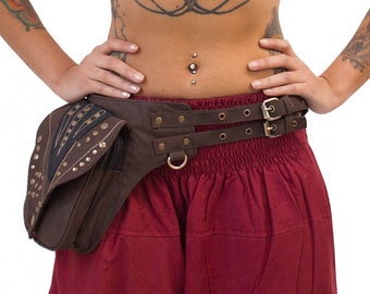 May include: A brown halter top with mirrored accents and a matching belt bag. The outfit is paired with maroon pants and a beaded necklace. The style is bohemian.