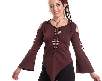 Pixie Hooded Psy Top in Brown