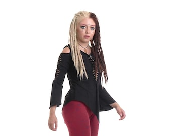 Pixie Hood Faerie Top in Black, Ren Faire Clothing, Woodland Fairy Cosplay Costume, Long Sleeve Festival Hippy Top with Pointed Hood,