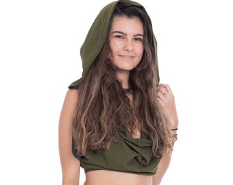 Hooded Backless Cowl Top in Army, Psy Trance Top for Woman, Hippy Crop Top with Hood, Festival Clothes for Women