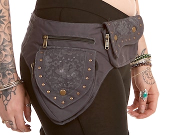 Sturdy Festival Pocket Belt with Lace and Studs in Grey