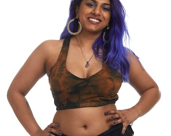 Bralette teñido anudado en marrón castaño, sujetador Psy Trance, top corto para festivales, sujetador de yoga de algodón natural