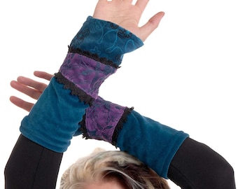 Velvet and Lace Arm Warmers in Petrol & Purple