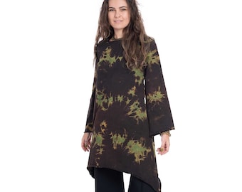 Tie Dye Tunic Dress, Loose Fitting Oversize Plus Size Hippy Earthy Long Bell Sleeve Cotton Crew Neck, Cottage Core Top