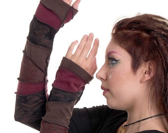Pixie Patchwork Armwarmers in Plum & Brown