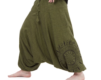 Green Fleece-lined Ali Baba Trousers for Men, XL winter harems for hippy man, mandala yoga pants for men