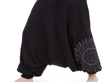 Black Fleece-lined Ali Baba Trousers for Men, XL winter harems for hippy man, mandala yoga pants for men
