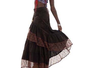Brown Cotton and Lace Boho Wrap Skirt, Bohemian Skirt for Hippy Woman, Bohemian Feminine Clothing, Ethnic Skirt