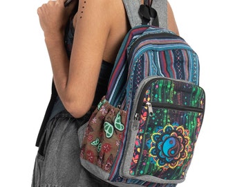 Psychedelic Print Cotton Canvas Ethno Rucksack Hippie Backpack with YinYan Mandala