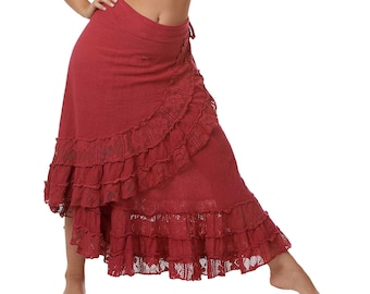 Jute and Lace Boho Wrap Skirt in Red