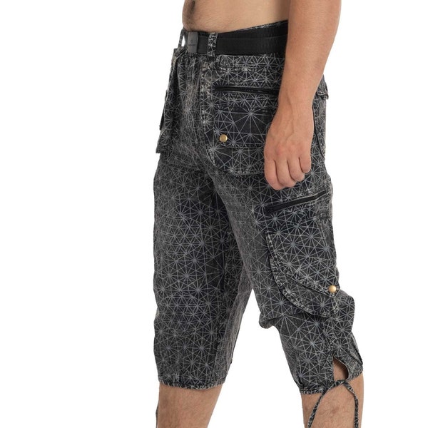 Mens Geometric Stonewash Cargo Jean Shorts