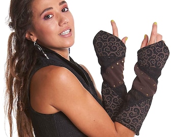 Swirly Pixie Armwarmers with Lace in Brown, Studs and Fleece for Hippie Woman, Boho Gloves, Ren Faire Gauntlets, Psy Trance Accessories