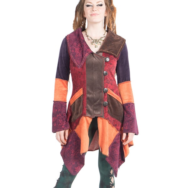 VELVET PATCHWORK JACKET, woodland fairy jacket, asymmetrical bohemian coat, pixie jacket, hippy festival psy trance clothing