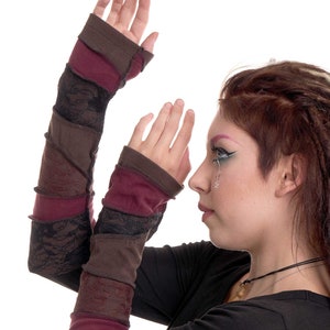 Pixie Patchwork Armwarmers in Plum & Brown