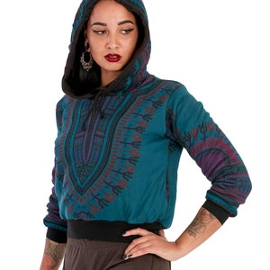 Teal Dashiki Cropped Hoodie