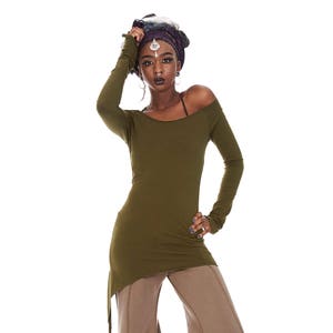 Asymmetrical Psytrance Long Sleeve Top in Army