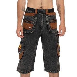 May include: Black cargo shorts with brown and orange accents. The shorts have multiple pockets and a belt.