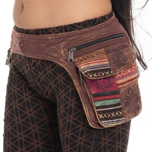 Brauner Stonewash Patchwork Doppeltaschen-Gürtel, Hippie Pockebelt, Festival Geldgürtel (extra groß) Min Taille 104 cm