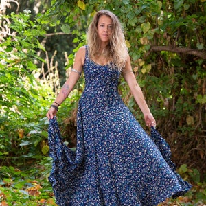 Long Full Boho Maxi Dress in Navy Flowers