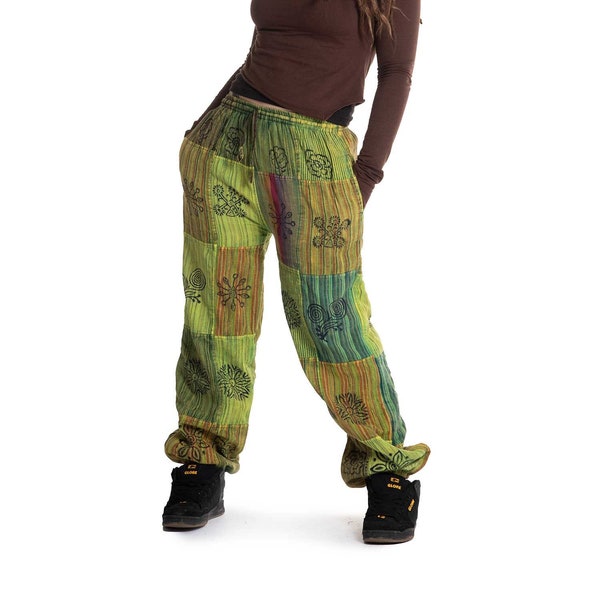 Green Fleece-Lined Patchwork Trousers