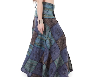 Falda hippie azul con retazos, falda cruzada hippie con retazos, falda de festival para mujer.