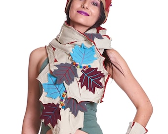 CACHECOL DE FOLHAS DE FAIDA, cachecol boho quente de inverno com folhas, roupas de inverno de fadas da floresta, cachecol de lã pixie de bordo e sicômoro, presente de Natal
