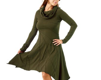 Long Sleeve Green Leaf Dress, Hooded Cowl Neck Boho Pixie Dress for Hippie Woman, Cotton Dress with Leafy Design for Bohemian Women