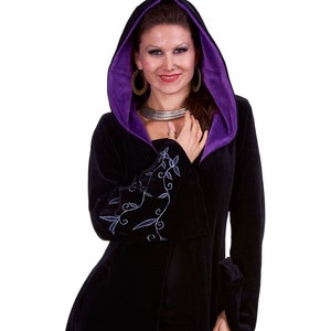 Gothic Faerie Coat in Black & Purple Velvet, Plus Size Goth Clothing for Women, Witches Cloak Jacket for Pagan Woman