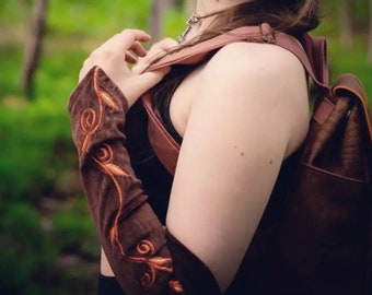 Long Brown Velvet Armwarmers with Embroidered Vines