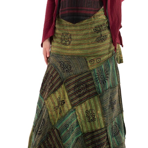 Green Patchwork Hippy Skirt, Hippie Patch Work Wrap Skirt, Ladies Festival Skirt
