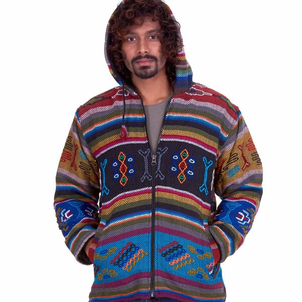 ETHNIC HIPPY JACKET, ooak mens one of a kind hand-woven Bhutan yathra hoodie, mans winter hippy coat, warm woollen hoodie, festival jacket