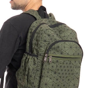 Może przedstawiać: Zielony plecak z geometrycznym wzorem. Plecak ma wiele kieszeni zapinanych na zamek błyskawiczny i dużą komorę główną.