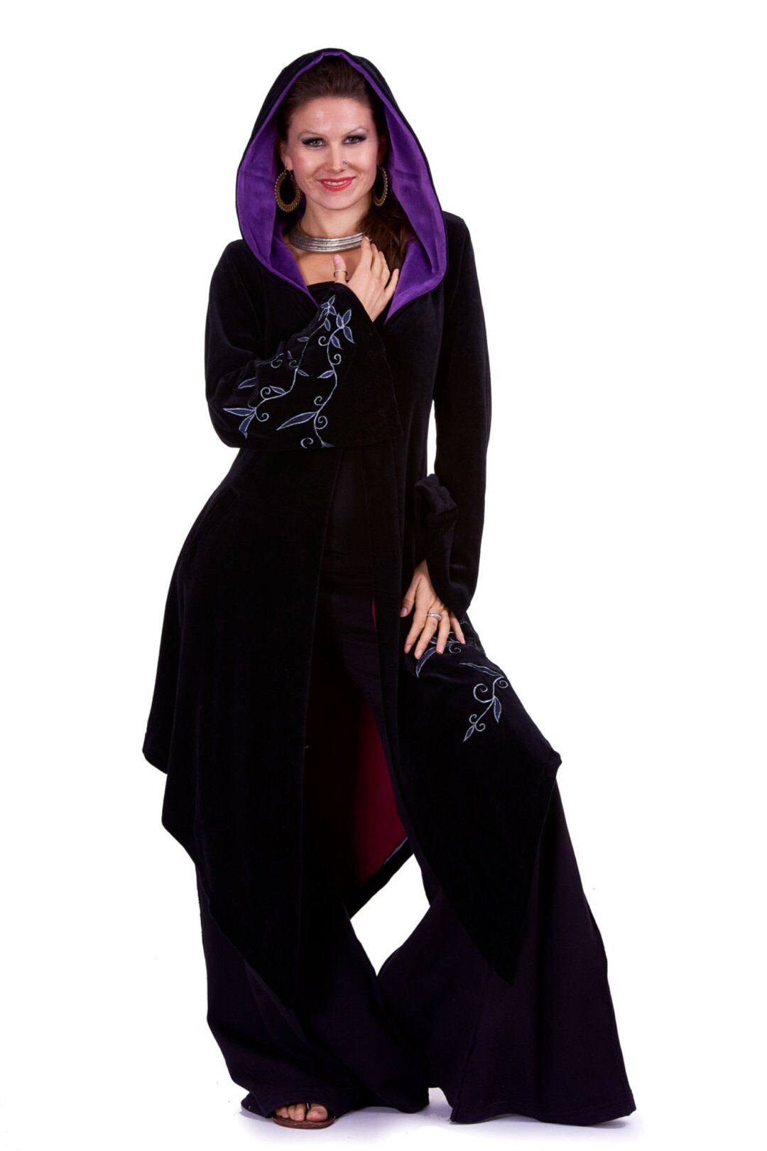 Gothic Faerie Coat in Black & Purple Velvet, Plus Size Goth Clothing