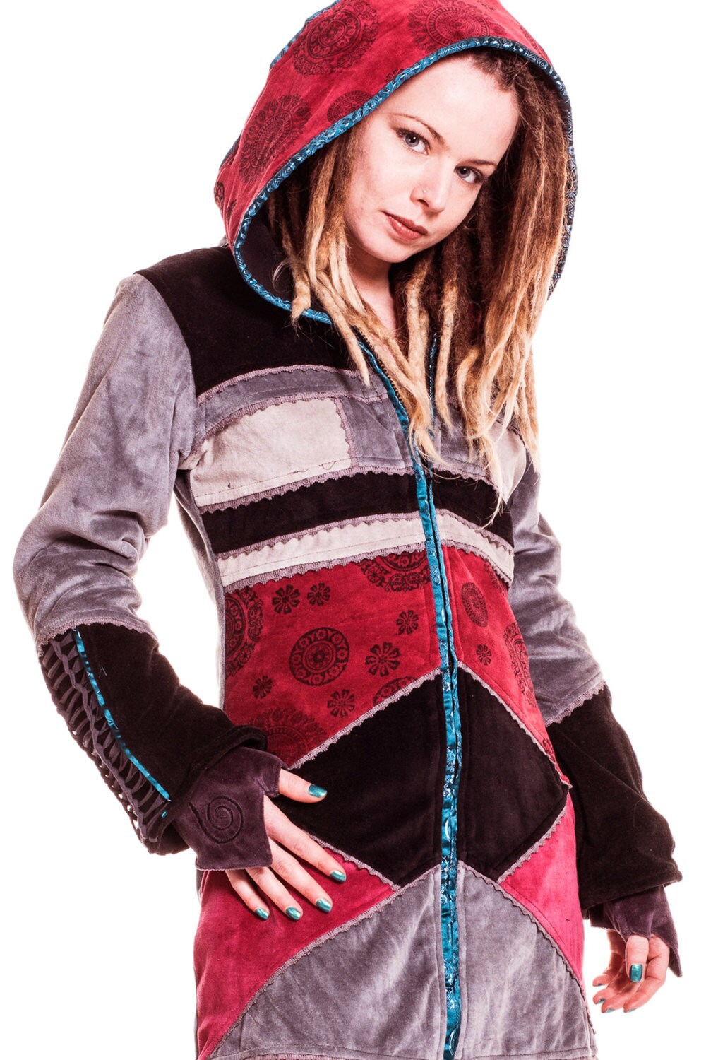 Image of Velvet Mandala Coat, Warm Winter Coat, Plus Size Boho Jacket, Psy Trance Clothing, Grey Red Pixie Xxl Patchwork Braided Coat