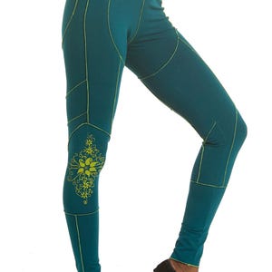 Pixie Leaf Leggings with Neon Overlock, Cyber Psy Trance Leggings, Festival Clothing for Women, Rave Faerie Leggings, Womens Techno Clothing