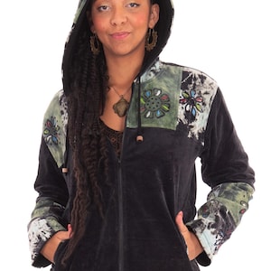 Unisex Corduroy Tie Dye Block Printed Hippie Jacket, Winter Hoodie Jacket for Hippy Boho Woman Man, Festival Coat